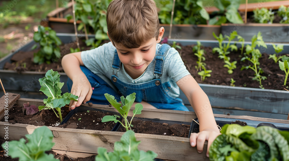 Young boy carefully tending to small vegetable plants in a raised garden bed, fostering growth and learning about nature. Young boy carefully tending to small vegetable plants in a raised garden bed, fostering growth and learning about nature.
