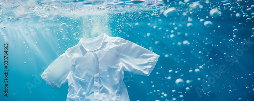 A clean white shirt floating underwater surrounded by detergent bubbles, representing freshness and laundry cleanliness concepts. photo