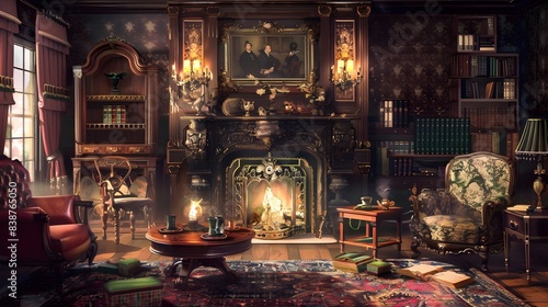 Cosy view of an old room with fire place and sofa background, Generative Ai