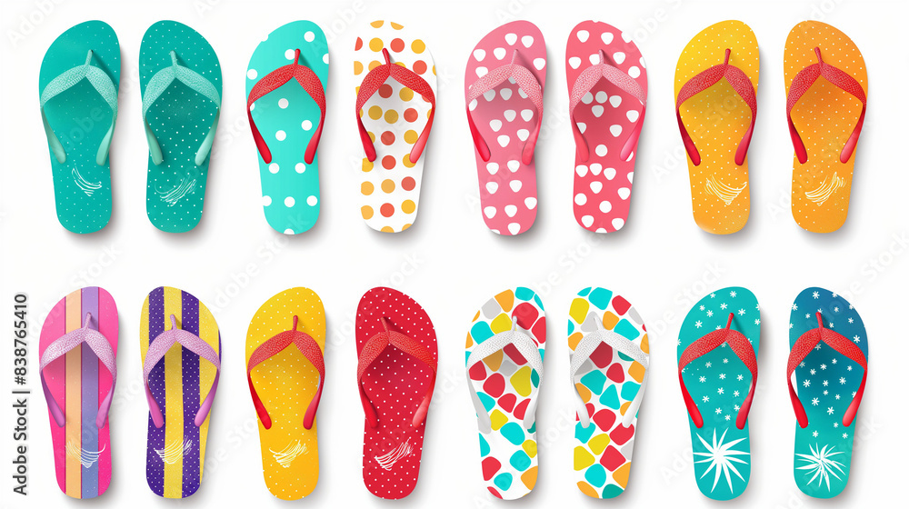 Set of colored summer flip-flops polka dots, stripes, beach shoes, flip flops set Set of colored summer flip-flops polka dots, stripes, beach shoes, flip flops set