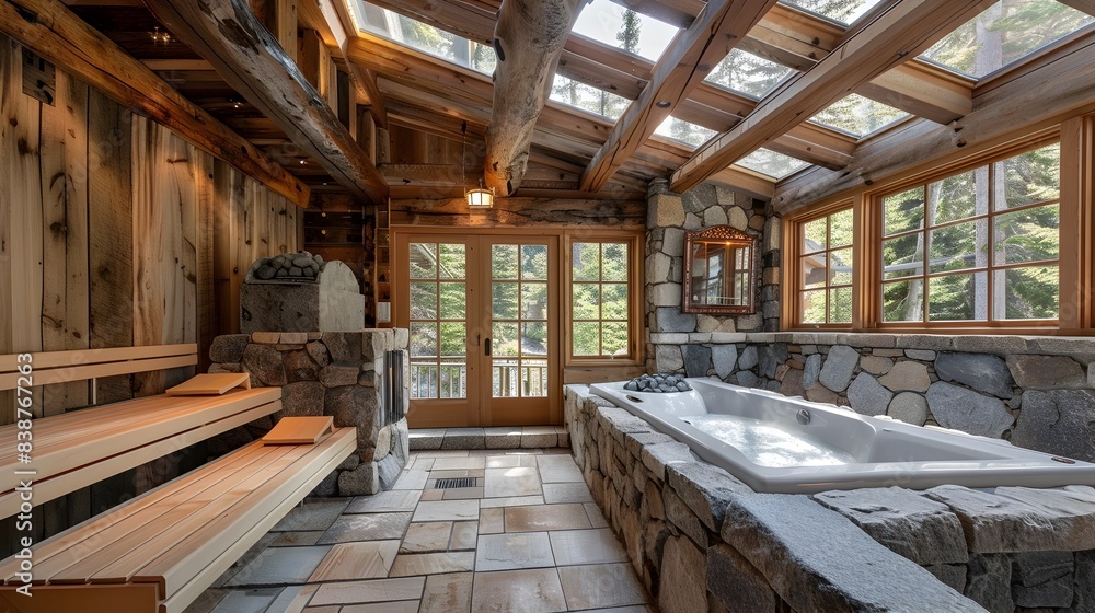 Rustic Finnish Inspired Sauna with Natural Stone Wooden Accents and Skylit Ambiance Rustic Finnish Inspired Sauna with Natural Stone Wooden Accents and Skylit Ambiance