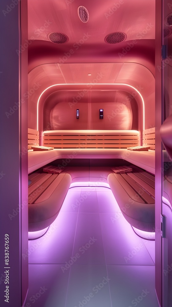 Obraz premium Futuristic High Tech Sauna with Advanced Lighting and Seamless Technology for a Transformative