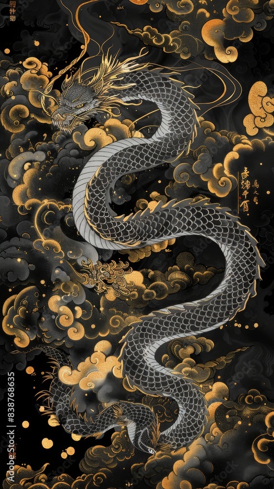 Fototapeta premium Majestic Chinese Ink Art - Serpent of Prosperity in Black and Gold - 4K HD Wallpaper，New Year's theme for the Year of the Snake, dragon, Chinese ink art style, using a black and gold color scheme,