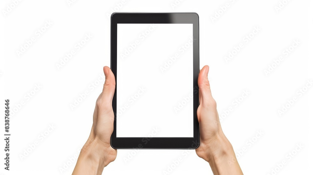 Clipping path, Hand holding the black digital tablet with mockup of blank screen on isolated white background. Clipping path, Hand holding the black digital tablet with mockup of blank screen on isolated white background.
