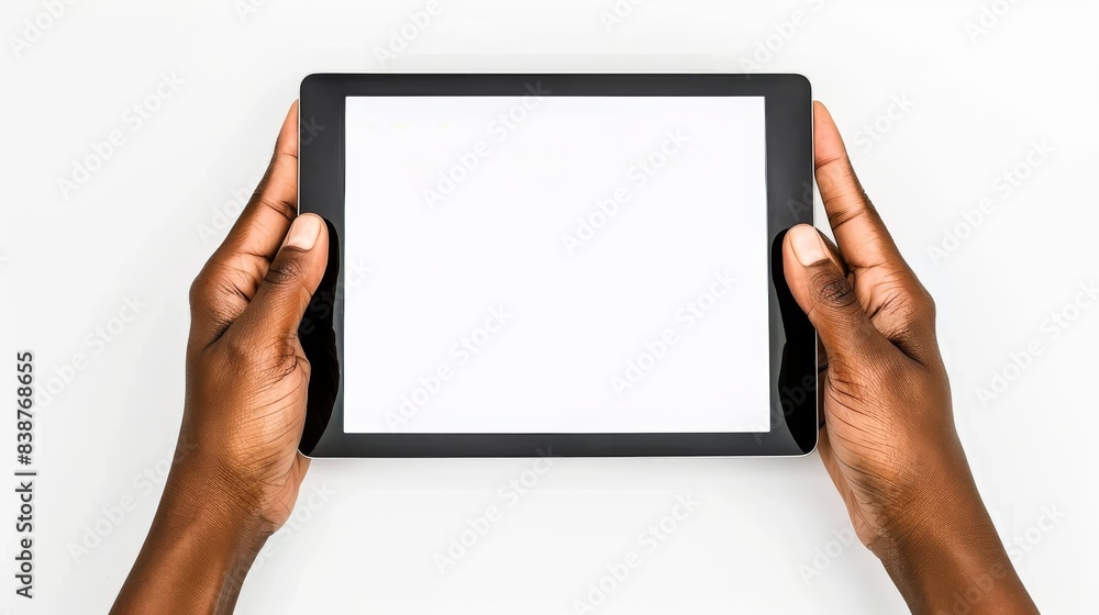 Clipping path, Hand holding the black digital tablet with mockup of blank screen on isolated white background. Clipping path, Hand holding the black digital tablet with mockup of blank screen on isolated white background.