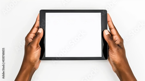 Clipping path, Hand holding the black digital tablet with mockup of blank screen on isolated white background.