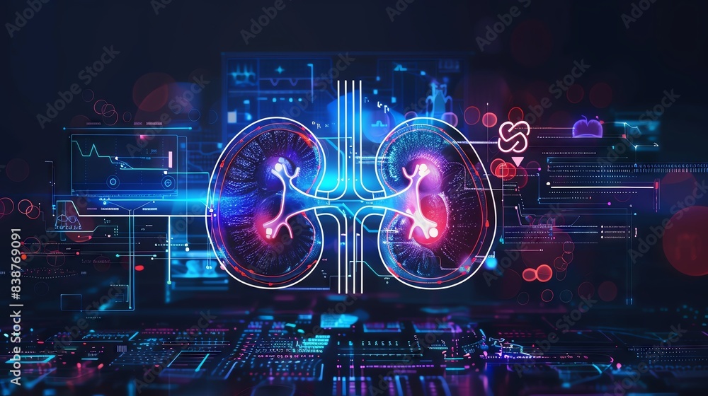 Abstract digital illustration of human kidneys with glowing lines and data visualizations. Abstract digital illustration of human kidneys with glowing lines and data visualizations.