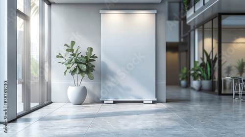 Blank canvas mockup in a modern office lobby with plants and sunlight.