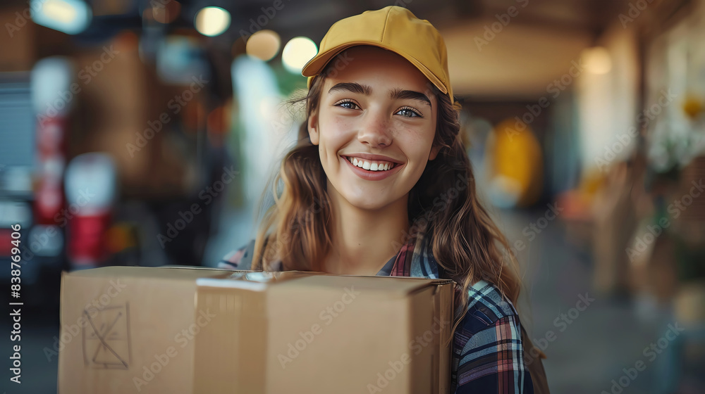 Smiling delivery woman holding a package, ready to deliver. Smiling delivery woman holding a package, ready to deliver.