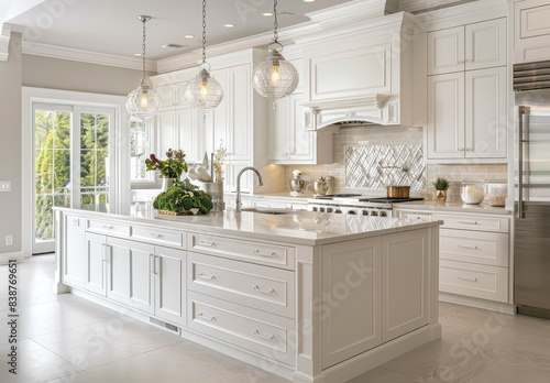bright and airy kitchen with white cabinets, quartz countertop, undercov ing light gray tiles in an offwhite pattern, natural wood flooring, two island counter tops photo