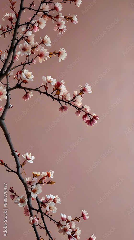 A branch of pink cherry blossoms, sakura, with light pink background A branch of pink cherry blossoms, sakura, with light pink background