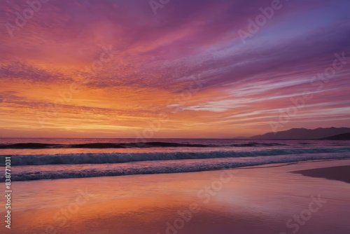 A serene sunset beach silhouetted against a sky painted in hues of orange  pink and purple