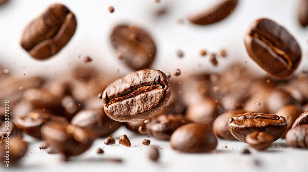 High-resolution image of falling coffee beans, isolated on a white background, with a dynamic and detailed view of each bean created with AI Generative. High-resolution image of falling coffee beans, isolated on a white background, with a dynamic and detailed view of each bean created with AI Generative.