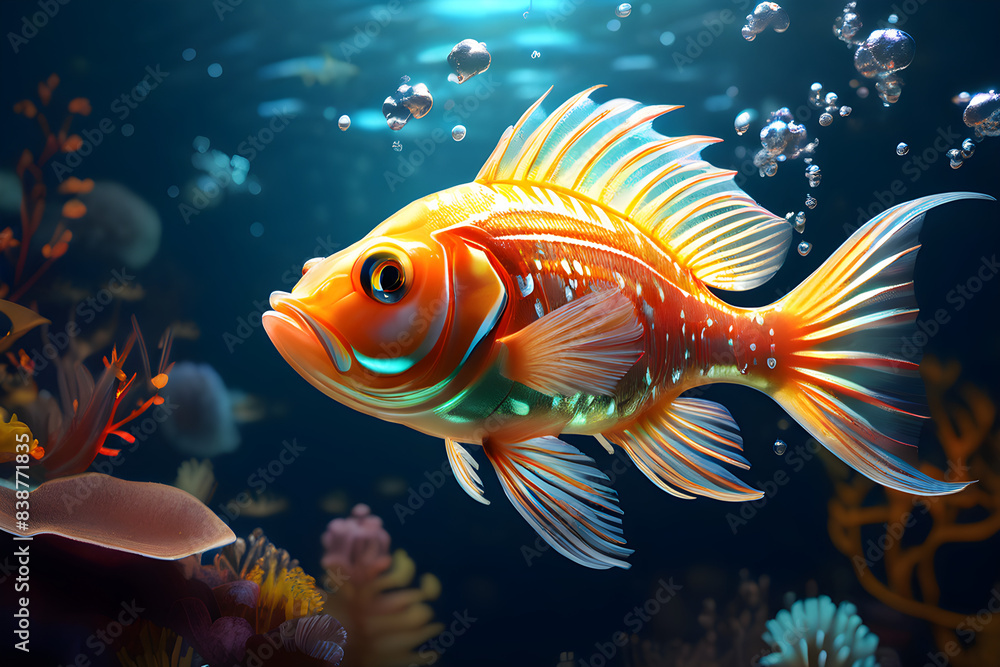 Photorealistic underwater scene with fish that glow with a soft, inner light. Photorealistic underwater scene with fish that glow with a soft, inner light.