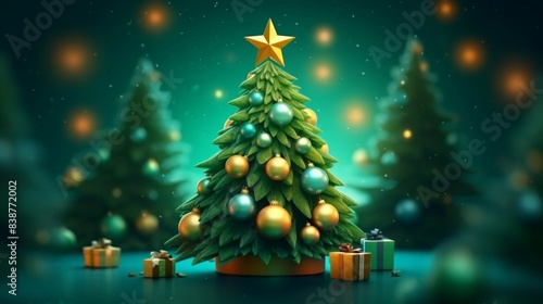 Enchanted Christmas Tree with Golden Ornaments and Star Topper in a Mystical Forest