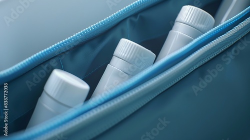 Travelsized toothpaste tubes in a compact toiletry bag, side view, highlighting convenience and functionality, digital binary as object, Complementary Color Scheme photo