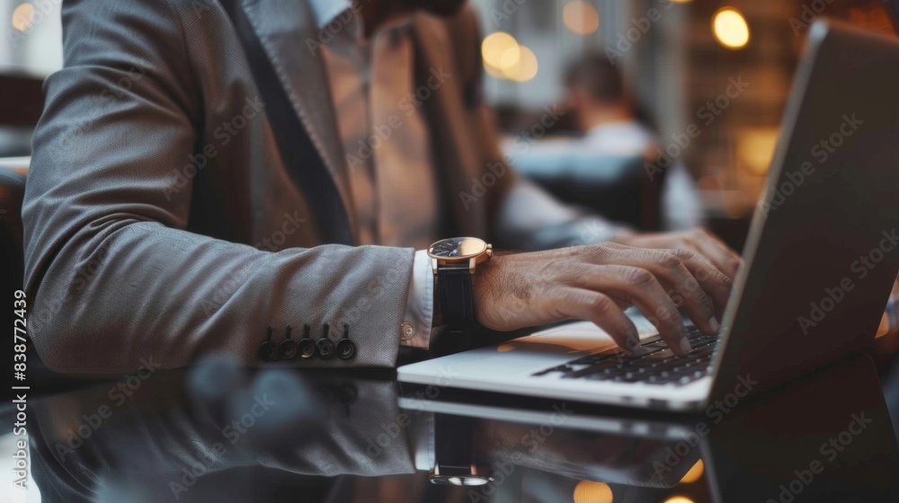 Business executive sitting at table preparing presentation on laptop. Business executive sitting at table preparing presentation on laptop.