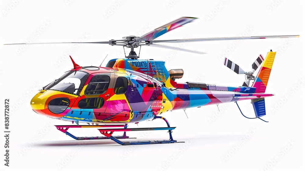 An aggressively styled helicopter with a striking multi-colored paint job hovering in mid-air, surrounded by a stark white background An aggressively styled helicopter with a striking multi-colored paint job hovering in mid-air, surrounded by a stark white background