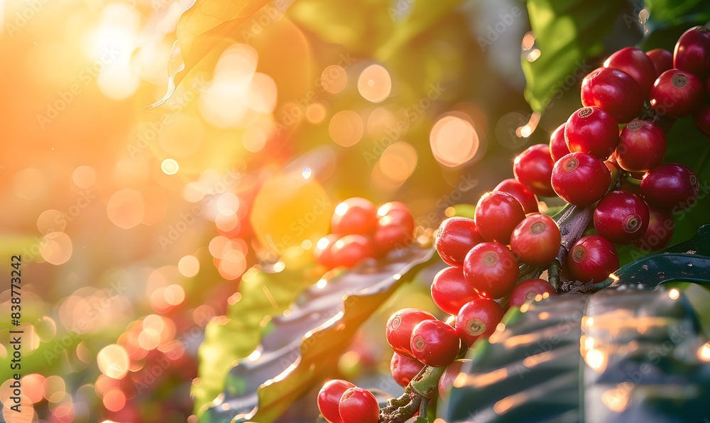 ripe coffee cherries on tree branches,  Generative AI