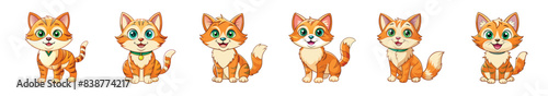 A series of six cute cartoon-style illustrations of an orange and white cat in different poses. The cats have big green eyes and friendly expressions, making them perfect for children's books 