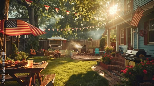 A backyard barbecue with American flag bunting, friends grilling, daylight, vivid colors
