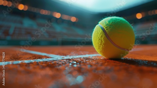 A close-up of a tennis ball on a clay court. The ball is in focus, with the court and stands blurred in the background. photo