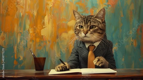 Feline Business Attire Amid Vivid Backdrop with Ample Negative Space photo