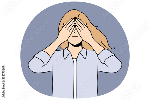Woman closes eyes in anticipation of surprise or playing with small child. Young girl closes eyes and acts up not wanting to see unpleasant things or trying to hide in order to avoid stress.