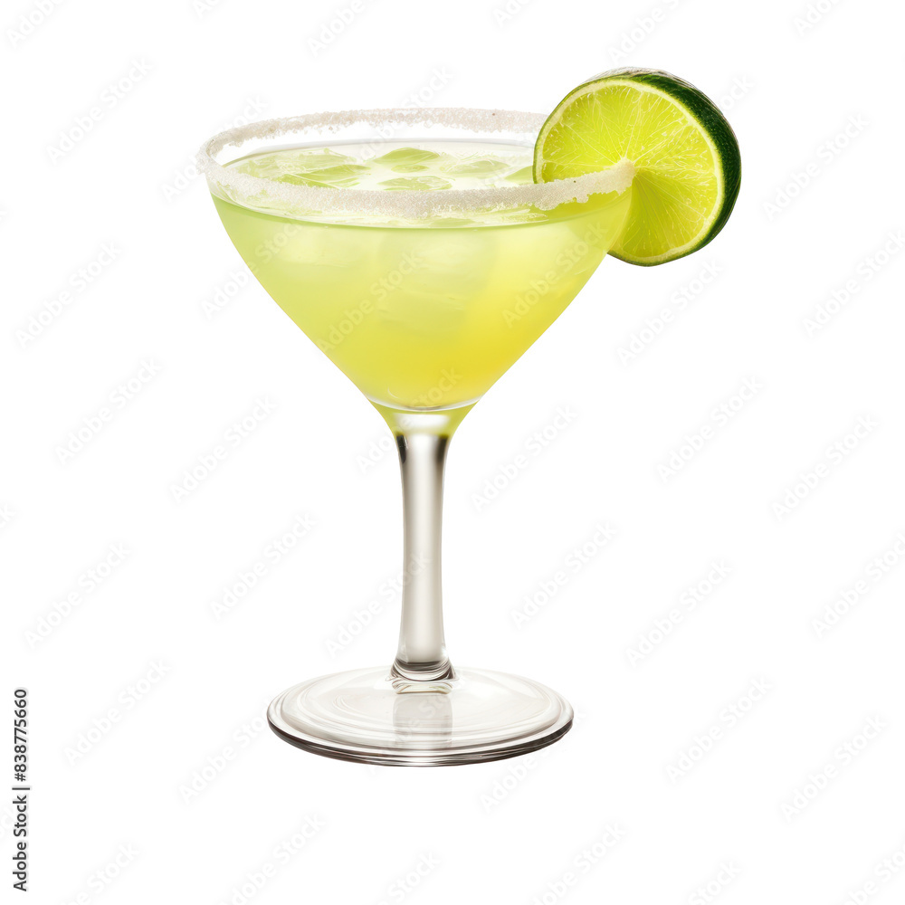 Classic Margarita Cocktail With Fresh Lime And Salted Rim In Glass On Isolated Background Classic Margarita Cocktail With Fresh Lime And Salted Rim In Glass On Isolated Background