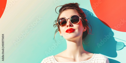 Smiling woman with red lips looking forward. Retrro style illustration. Concept of vocation. Banner. photo