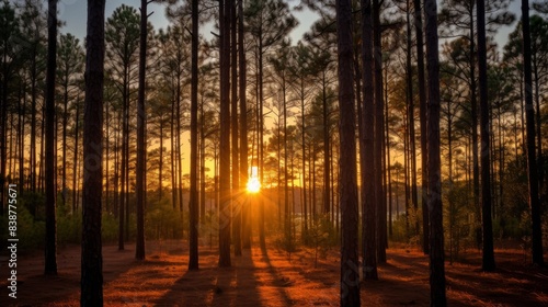 Golden Sunrise Peeking Through Tall Pine Trees In A Serene Forest. Generative AI photo