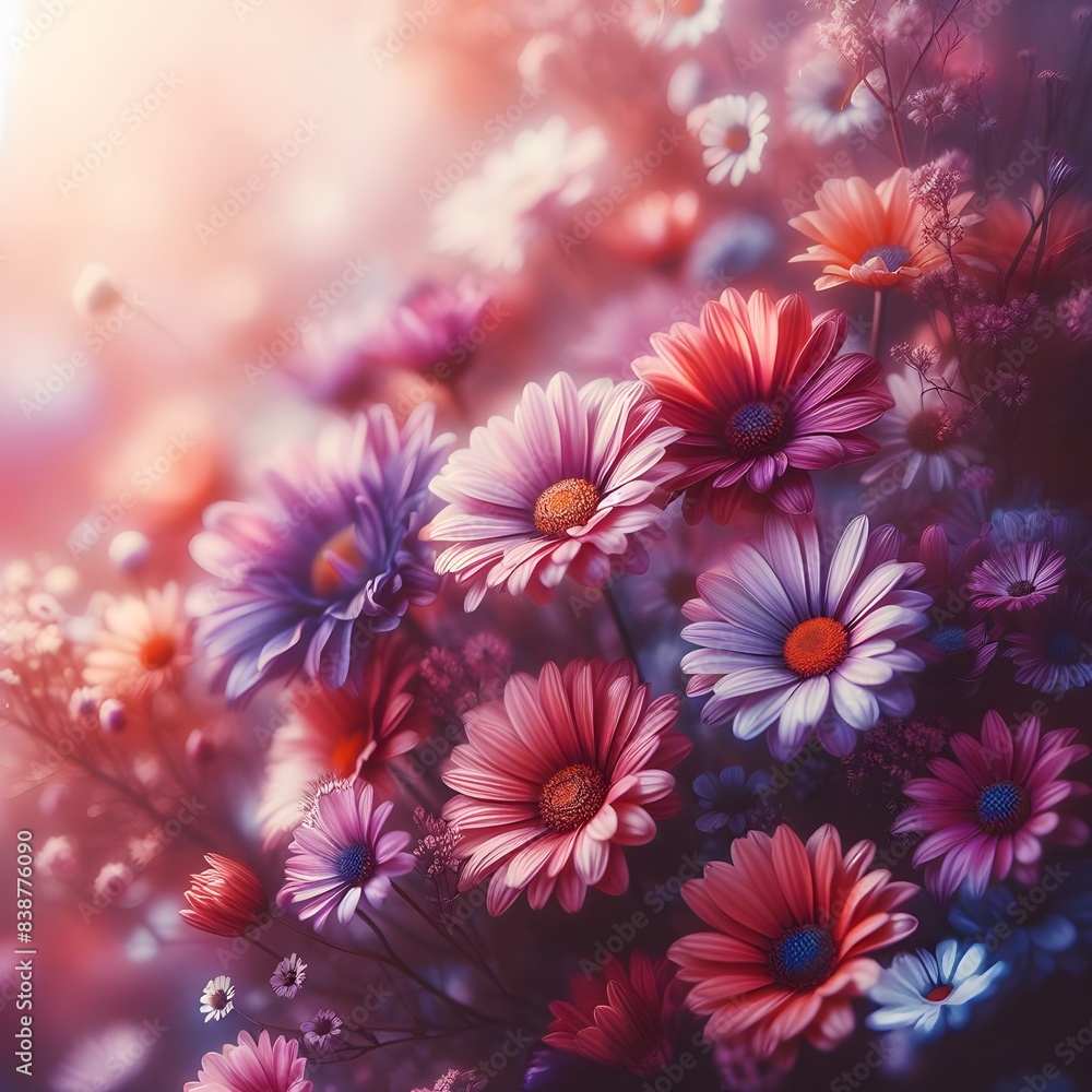 Glowing sunset over blooming colorful daisies in the meadow generated by ai Glowing sunset over blooming colorful daisies in the meadow generated by ai