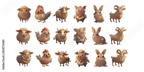 A collection of adorable animal illustrations, including sheep, goats, chickens, pigs, and rabbits. Each animal is depicted in a cute, cartoonish style.