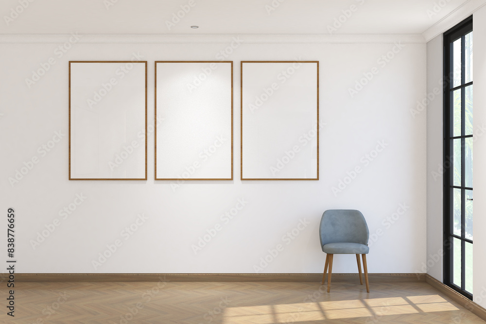 Fototapeta premium 3d render of minimal wall mock up with chair and frames side the window. Wood parquet floor, white wall and white ceiling flat. Set 8