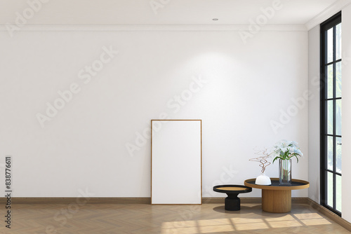 3d render of minimal wall mock up with lower table and frame side the window. Wood parquet floor  white wall and white ceiling flat. Set 1