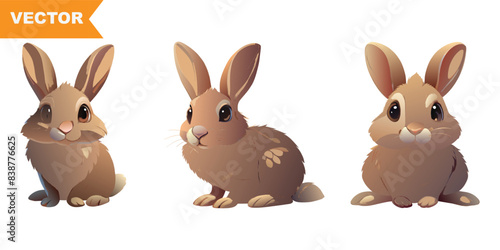 Three vector illustrations of a cute rabbit in different poses. The rabbits are depicted in a soft and charming style, ideal for use in children’s books, posters, or educational materials