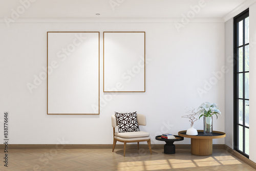 3d render of minimal wall mock up with armchair   lower table and frames side the window. Wood parquet floor  white wall and white ceiling flat. Set 9