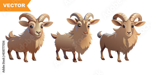 Three vector illustrations of a cute goat in different poses. The goats are depicted in a charming and friendly style, suitable for farm-themed designs, children’s books, or educational content