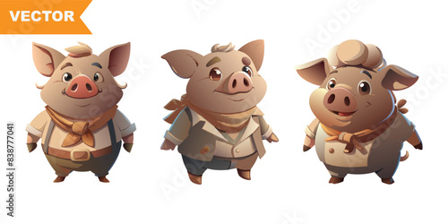 Three vector illustrations of a cute pig in different poses. The pigs are illustrated with endearing expressions and charming details, perfect for farm-themed designs, children’s books, or educational