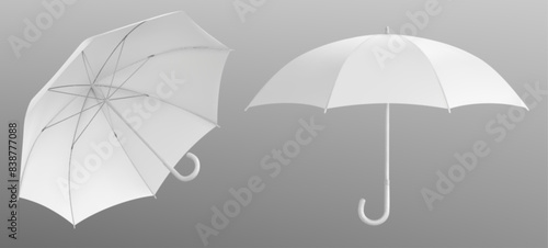 White umbrella mockups set isolated on background. Vector realistic illustration of parasol templates with blank space for branding, fabric sunshade with plastic handle, waterproof fashion accessory