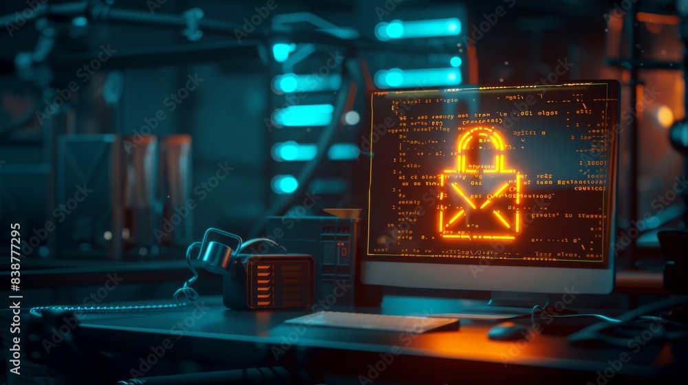 Cybersecurity Concept with Lock Icon on Computer Screen.