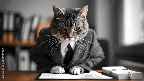 Focused Feline A Businesscat Diligently Completing a Task on Desk in Sleek Monochrome Setting photo