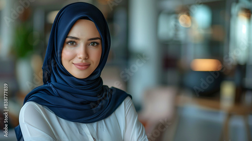 Smiling business woman in pink hijab standing confidently in a modern office setting with blurred background lights. © feeling lucky