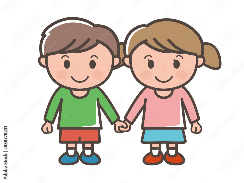 仲良く手を繋ぐ男の子と女の子の全身イラスト（小学生、幼児、子供）