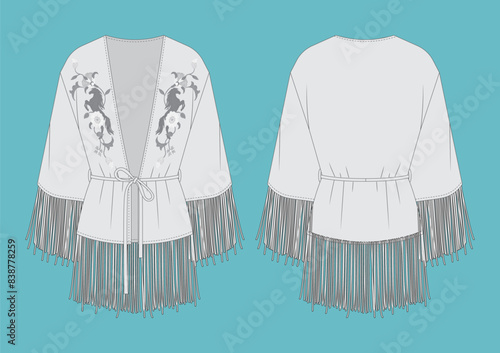 Fringed Kimono Jacket Vector: Women's Fashion Flat Template with Fringe Details Design , Flat Design, Vector 