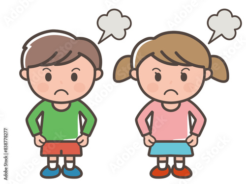 怒っている男の子と女の子の全身イラスト（小学生、幼児、子供）