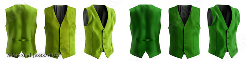 2 Set of dark light green lime tailored smart suit vest button waistcoat coat, front back side view on transparent background cutout, PNG file. Mockup template for artwork design