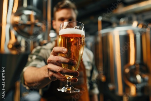Man holding glass of beer in front of beer brewing machine at brewery for travel and business photography concept