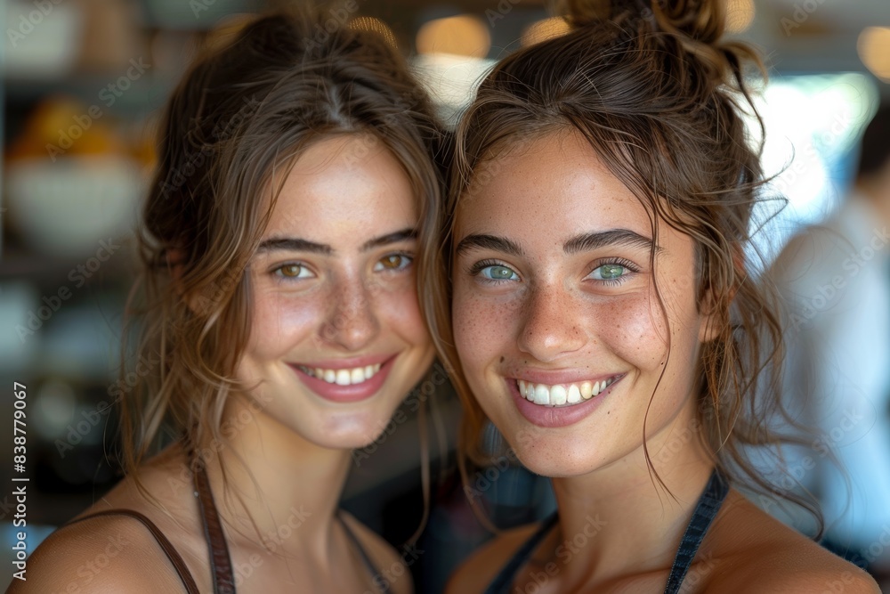 Two radiant female chefs, brimming with joy, pose together for a photoshoot in their bustling restaurant kitchen, capturing the essence of their culinary business. Two radiant female chefs, brimming with joy, pose together for a photoshoot in their bustling restaurant kitchen, capturing the essence of their culinary business.