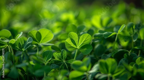 A lush field of green clover leaves basking in sunlight, symbolizing luck and nature's beauty in full bloom. Perfect for St. Patrick's Day themes.